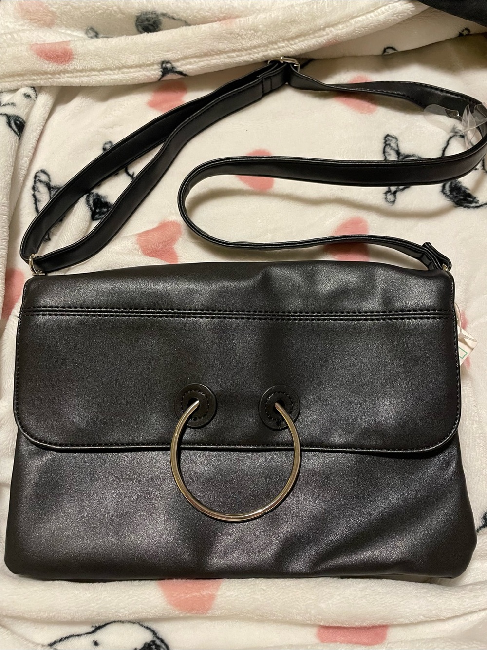 Black Crossbody Bag with Gold Ring Detail